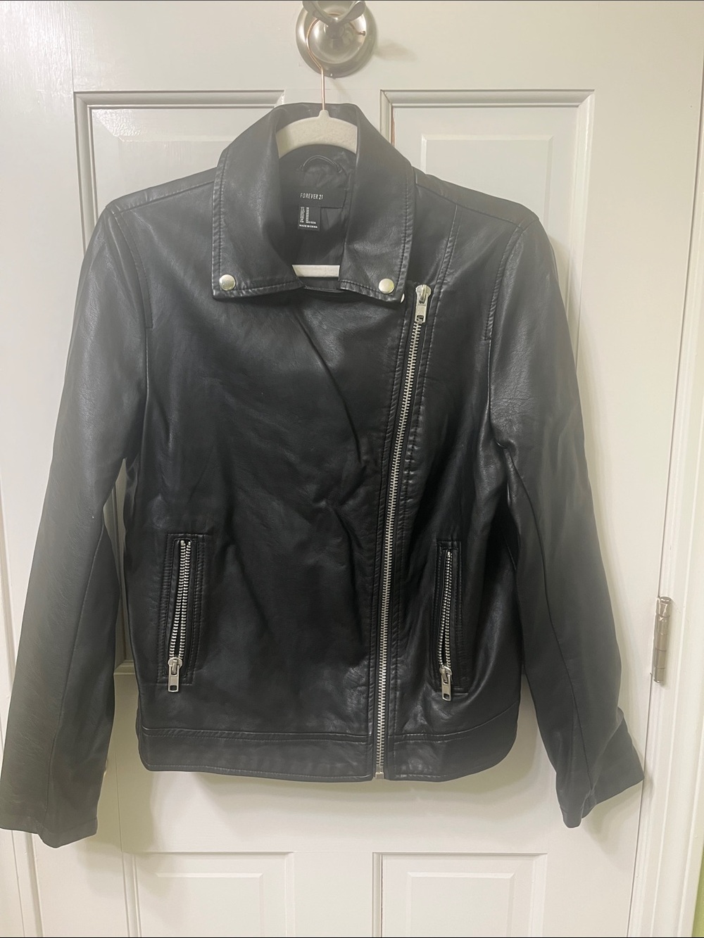 Forever 21 Black Asymmetric Soft Mock Leather Moto Jacket stretchy lightweight